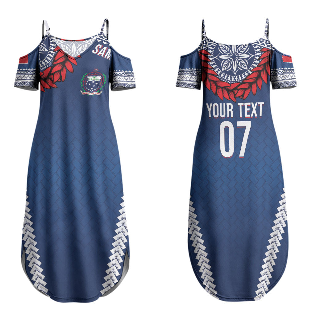 Manu Samoa Rugby Custom Navy Blue Couples Matching Summer Maxi Dress and Long Sleeve Button Shirt ʻIe Toga Pattern With Red Ula fala LT7 - Polynesian Pride