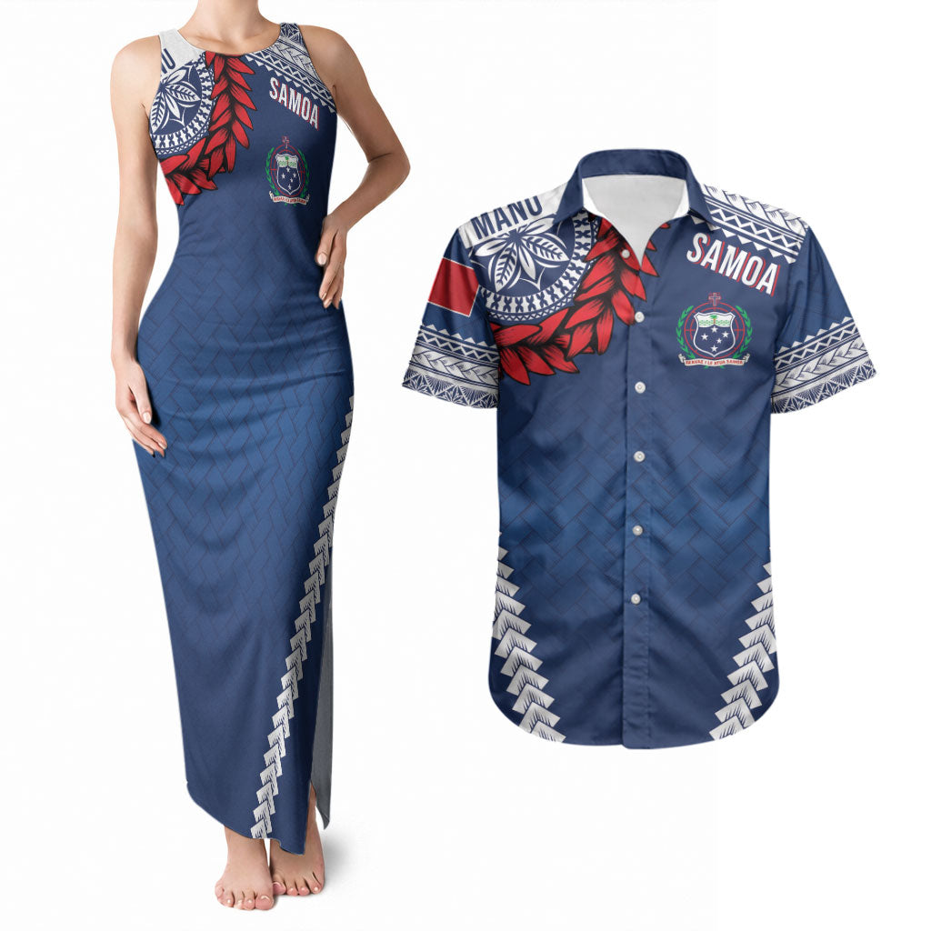 Manu Samoa Rugby Custom Navy Blue Couples Matching Tank Maxi Dress and Hawaiian Shirt ʻIe Toga Pattern With Red Ula fala