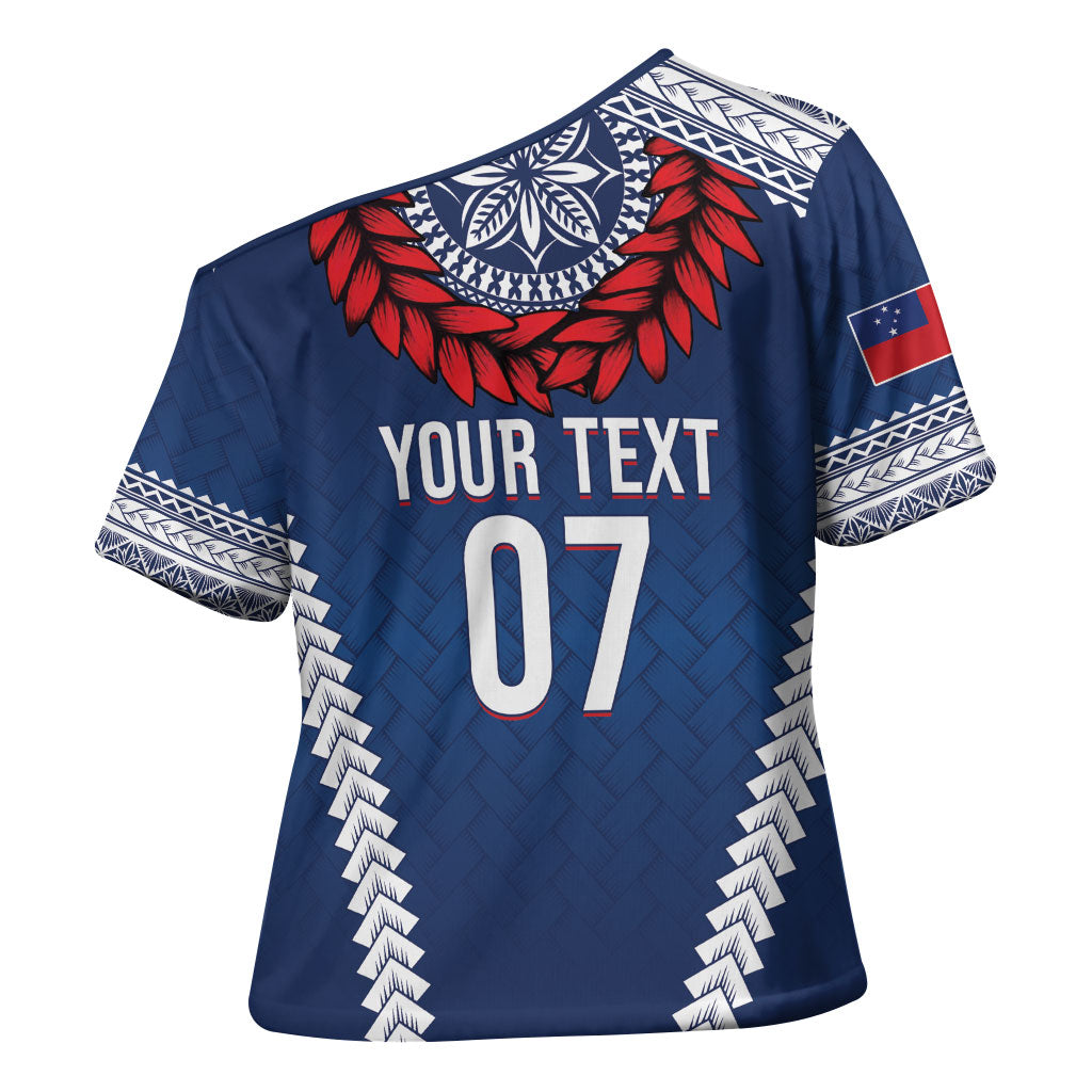 Manu Samoa Rugby Custom Navy Blue Cross Shoulder Shirt ʻIe Toga Pattern With Red Ula fala LT7 - Polynesian Pride