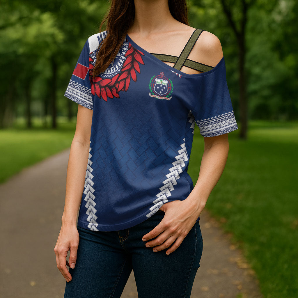 Manu Samoa Rugby Custom Navy Blue Cross Shoulder Shirt ʻIe Toga Pattern With Red Ula fala LT7 - Polynesian Pride