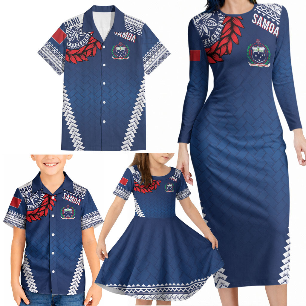 Manu Samoa Rugby Custom Navy Blue Family Matching Long Sleeve Bodycon Dress and Hawaiian Shirt ʻIe Toga Pattern With Red Ula fala LT7 - Polynesian Pride