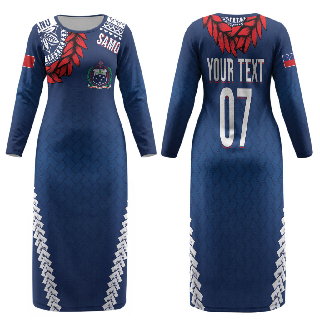 Manu Samoa Rugby Custom Navy Blue Family Matching Long Sleeve Bodycon Dress and Hawaiian Shirt ʻIe Toga Pattern With Red Ula fala LT7 Mom's Dress Navy Blue - Polynesian Pride