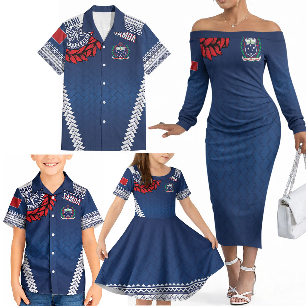 Manu Samoa Rugby Custom Navy Blue Family Matching Off The Shoulder Long Sleeve Dress and Hawaiian Shirt ʻIe Toga Pattern With Red Ula fala