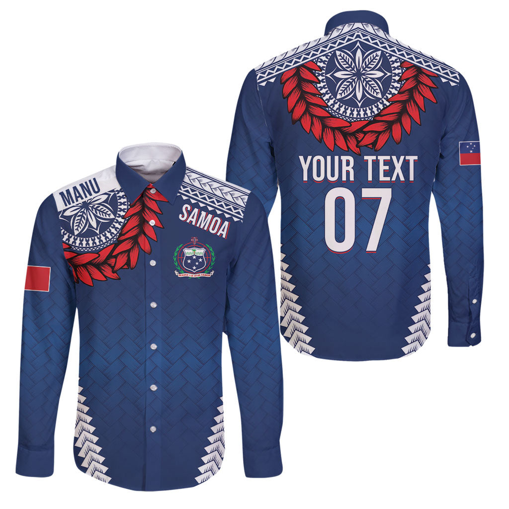 Manu Samoa Rugby Custom Navy Blue Family Matching Off The Shoulder Long Sleeve Dress and Hawaiian Shirt ʻIe Toga Pattern With Red Ula fala LT7 Dad's Shirt - Long Sleeve Navy Blue - Polynesian Pride
