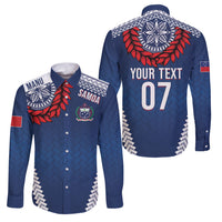 Manu Samoa Rugby Custom Navy Blue Family Matching Off The Shoulder Long Sleeve Dress and Hawaiian Shirt ʻIe Toga Pattern With Red Ula fala LT7 Dad's Shirt - Long Sleeve Navy Blue - Polynesian Pride