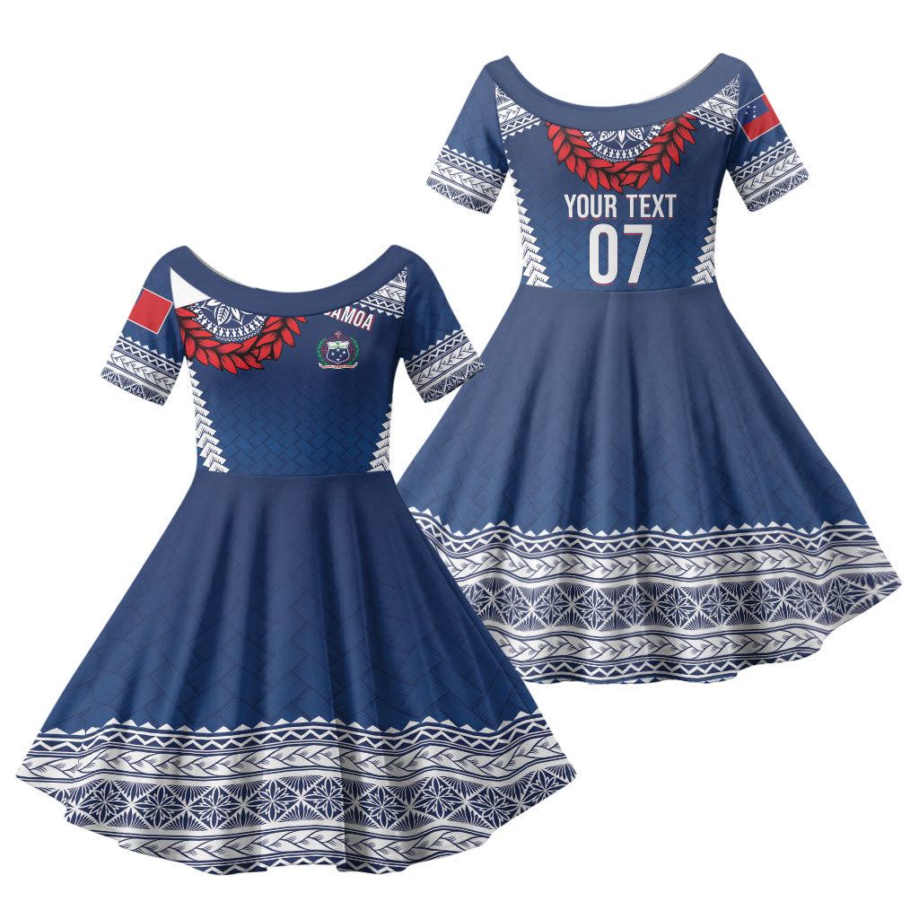 Manu Samoa Rugby Custom Navy Blue Family Matching Off The Shoulder Long Sleeve Dress and Hawaiian Shirt ʻIe Toga Pattern With Red Ula fala LT7 Daughter's Dress Navy Blue - Polynesian Pride