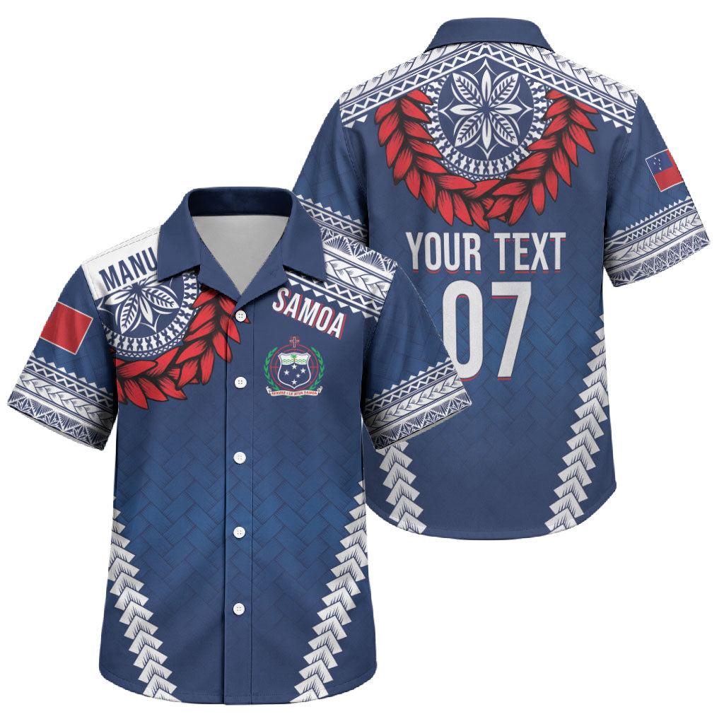 Manu Samoa Rugby Custom Navy Blue Family Matching Off The Shoulder Long Sleeve Dress and Hawaiian Shirt ʻIe Toga Pattern With Red Ula fala LT7 Son's Shirt Navy Blue - Polynesian Pride