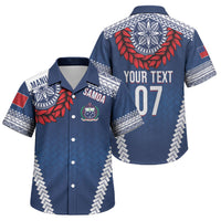 Manu Samoa Rugby Custom Navy Blue Family Matching Off The Shoulder Long Sleeve Dress and Hawaiian Shirt ʻIe Toga Pattern With Red Ula fala LT7 Son's Shirt Navy Blue - Polynesian Pride