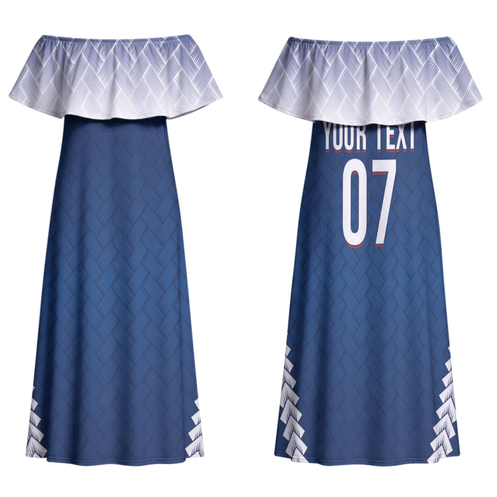 Manu Samoa Rugby Custom Navy Blue Family Matching Off Shoulder Maxi Dress and Hawaiian Shirt ʻIe Toga Pattern With Red Ula fala LT7 Mom's Dress Navy Blue - Polynesian Pride