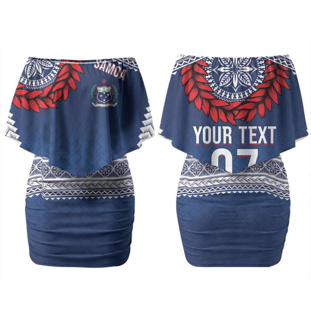Manu Samoa Rugby Custom Navy Blue Family Matching Off Shoulder Short Dress and Hawaiian Shirt ʻIe Toga Pattern With Red Ula fala LT7 Mom's Dress Navy Blue - Polynesian Pride