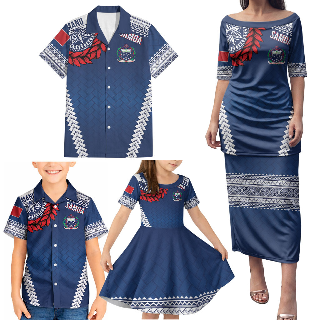 Manu Samoa Rugby Custom Navy Blue Family Matching Puletasi and Hawaiian Shirt ʻIe Toga Pattern With Red Ula fala LT7 - Polynesian Pride
