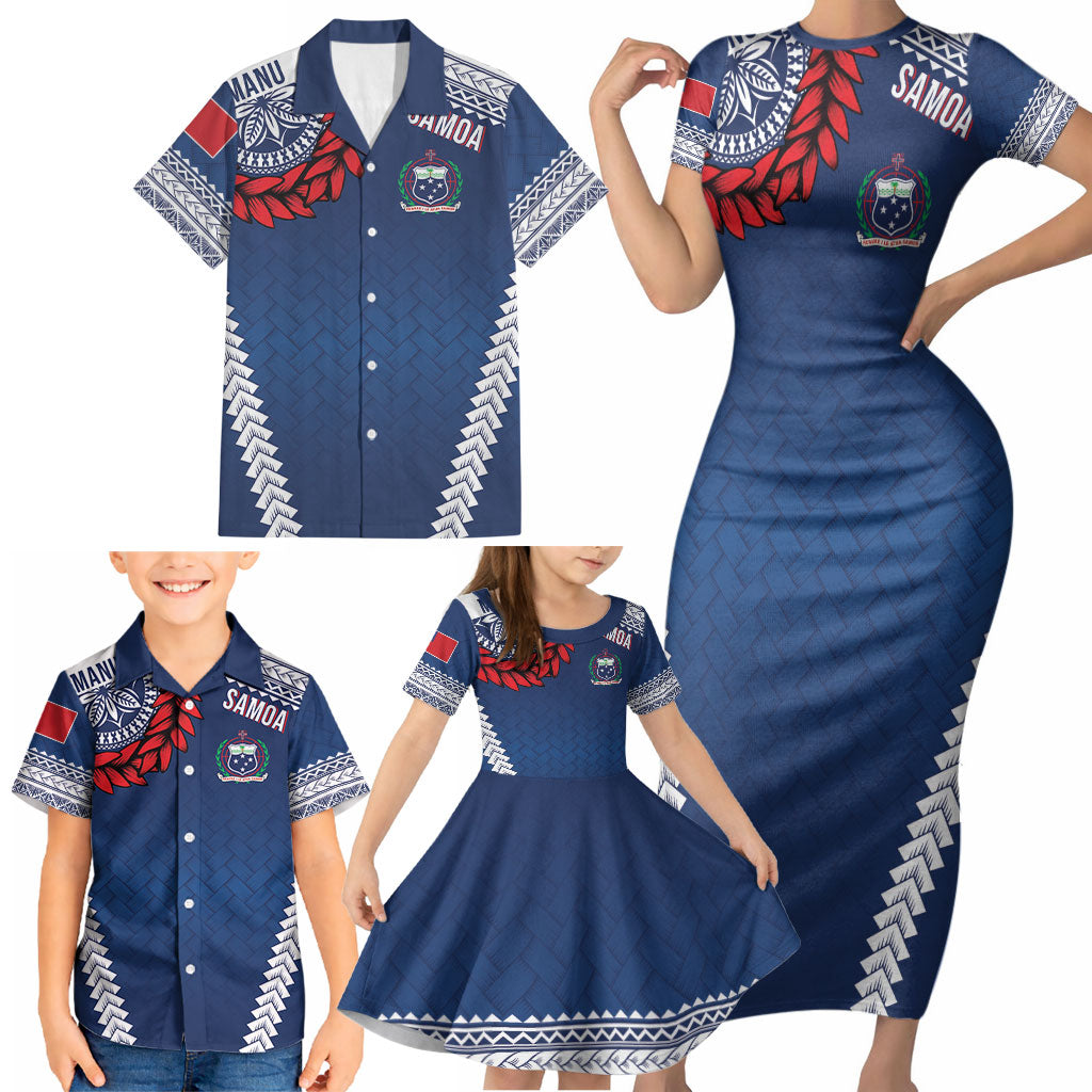 Manu Samoa Rugby Custom Navy Blue Family Matching Short Sleeve Bodycon Dress and Hawaiian Shirt ʻIe Toga Pattern With Red Ula fala LT7 - Polynesian Pride