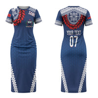 Manu Samoa Rugby Custom Navy Blue Family Matching Short Sleeve Bodycon Dress and Hawaiian Shirt ʻIe Toga Pattern With Red Ula fala LT7 Mom's Dress Navy Blue - Polynesian Pride