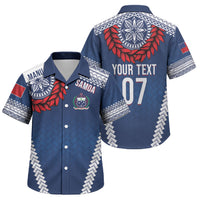 Manu Samoa Rugby Custom Navy Blue Family Matching Short Sleeve Bodycon Dress and Hawaiian Shirt ʻIe Toga Pattern With Red Ula fala LT7 Son's Shirt Navy Blue - Polynesian Pride
