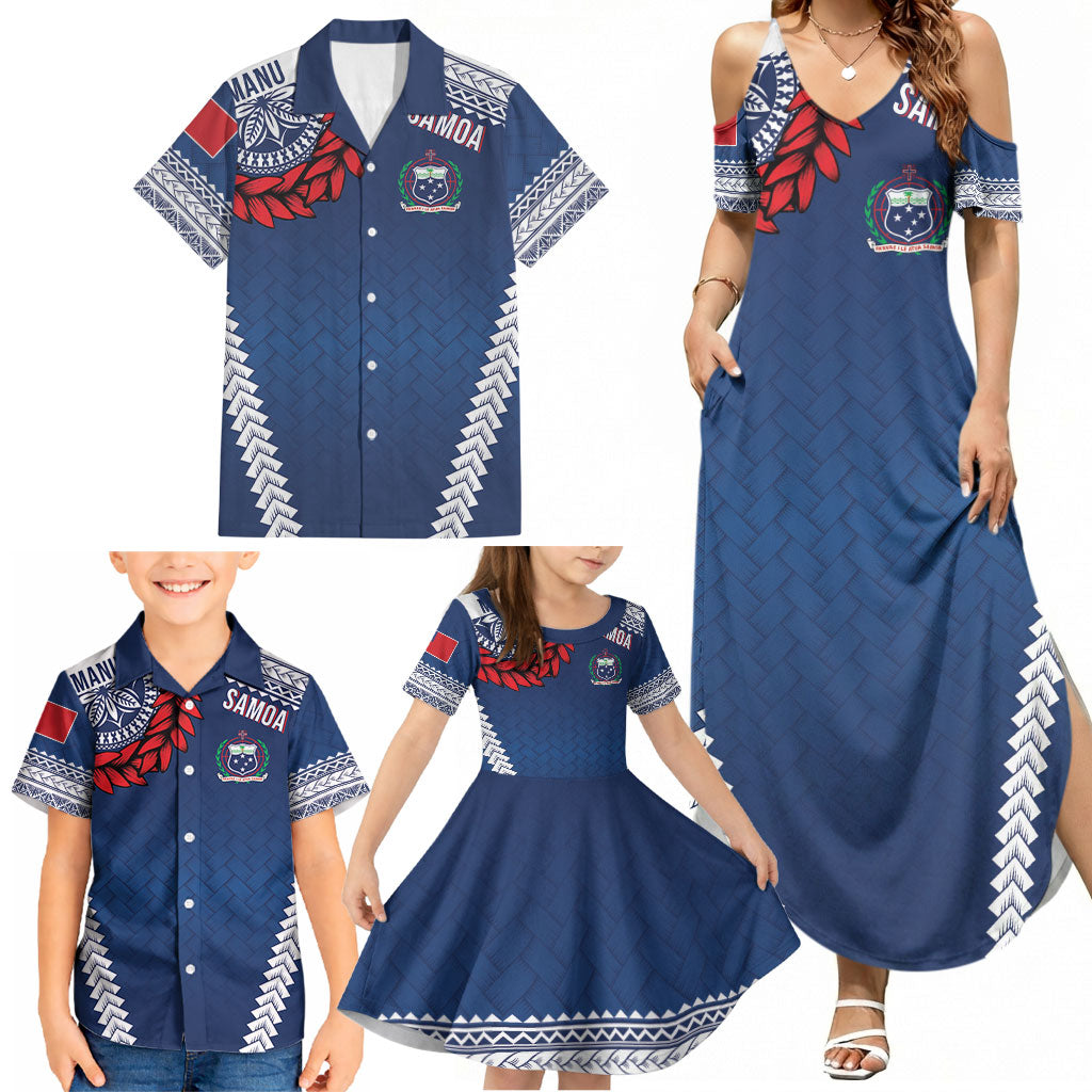 Manu Samoa Rugby Custom Navy Blue Family Matching Summer Maxi Dress and Hawaiian Shirt ʻIe Toga Pattern With Red Ula fala LT7 - Polynesian Pride
