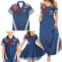 Manu Samoa Rugby Custom Navy Blue Family Matching Summer Maxi Dress and Hawaiian Shirt ʻIe Toga Pattern With Red Ula fala LT7 - Polynesian Pride