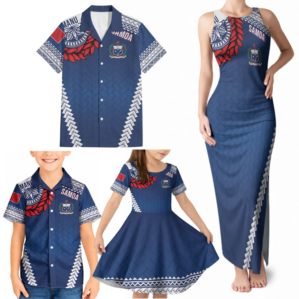 Manu Samoa Rugby Custom Navy Blue Family Matching Tank Maxi Dress and Hawaiian Shirt ʻIe Toga Pattern With Red Ula fala LT7 - Polynesian Pride