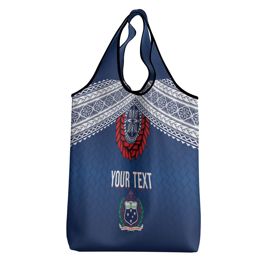 Manu Samoa Rugby Custom Navy Blue Grocery Bag ʻIe Toga Pattern With Red Ula fala LT7 - Polynesian Pride