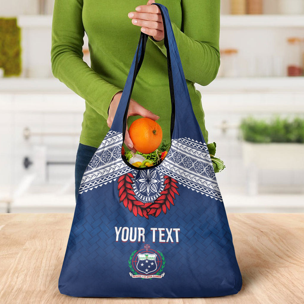 Manu Samoa Rugby Custom Navy Blue Grocery Bag ʻIe Toga Pattern With Red Ula fala LT7 - Polynesian Pride
