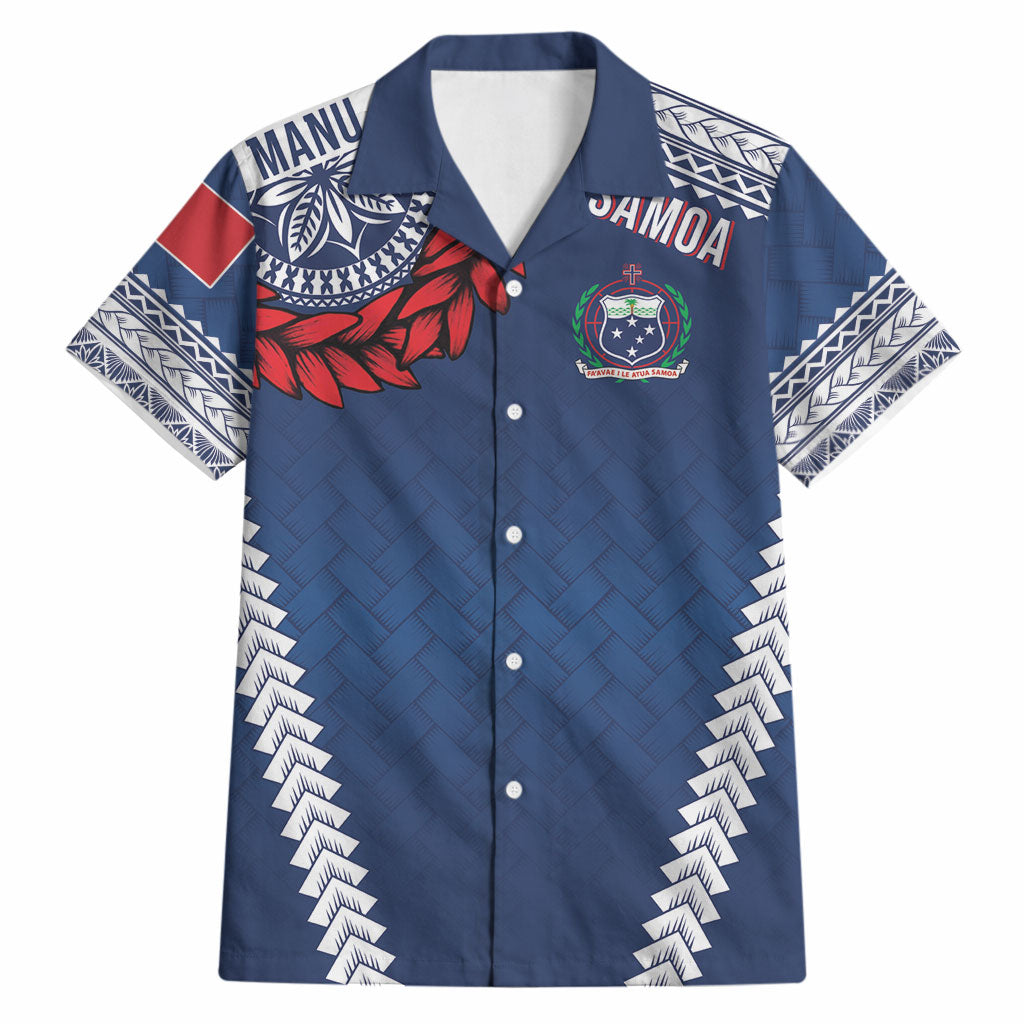 Manu Samoa Rugby Custom Navy Blue Hawaiian Shirt ʻIe Toga Pattern With Red Ula fala LT7 Navy Blue - Polynesian Pride