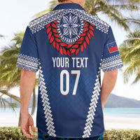 Manu Samoa Rugby Custom Navy Blue Hawaiian Shirt ʻIe Toga Pattern With Red Ula fala LT7 - Polynesian Pride