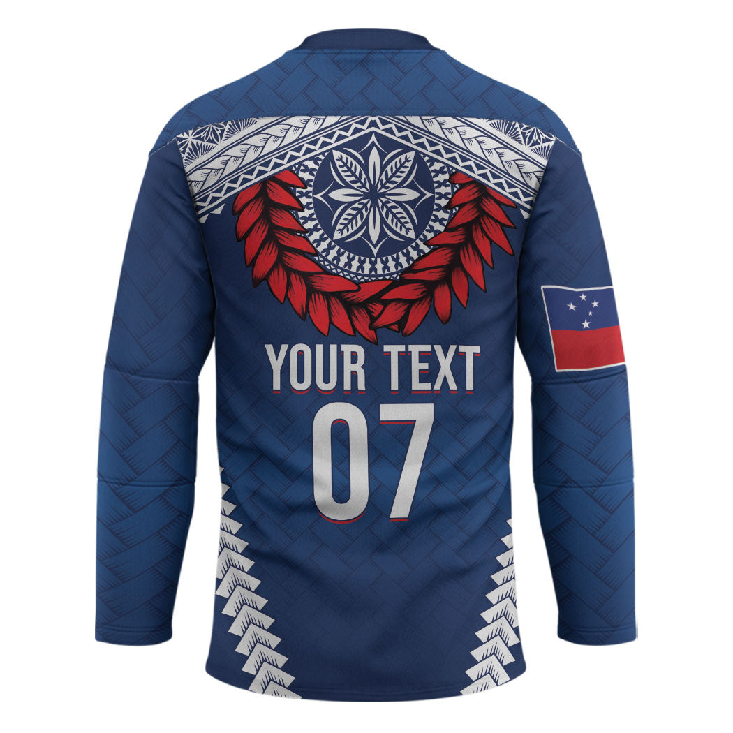Manu Samoa Rugby Custom Navy Blue Hockey Jersey ʻIe Toga Pattern With Red Ula fala LT7 - Polynesian Pride