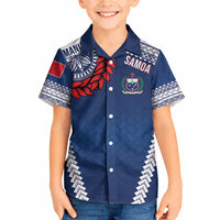 Manu Samoa Rugby Custom Navy Blue Kid Hawaiian Shirt ʻIe Toga Pattern With Red Ula fala LT7 Kid Navy Blue - Polynesian Pride