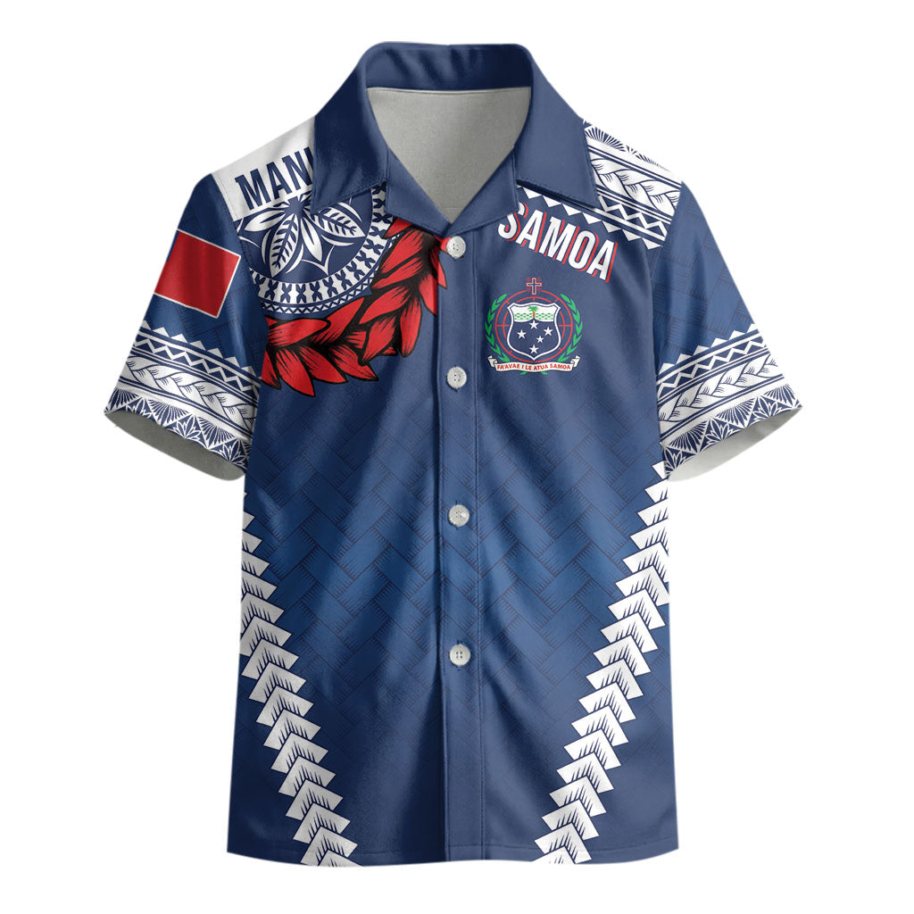 Manu Samoa Rugby Custom Navy Blue Kid Hawaiian Shirt ʻIe Toga Pattern With Red Ula fala LT7 - Polynesian Pride