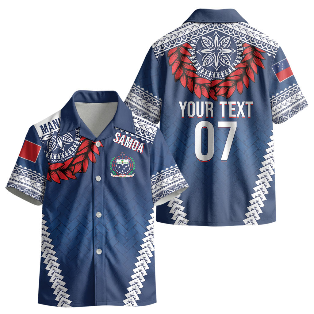 Manu Samoa Rugby Custom Navy Blue Kid Hawaiian Shirt ʻIe Toga Pattern With Red Ula fala LT7 - Polynesian Pride