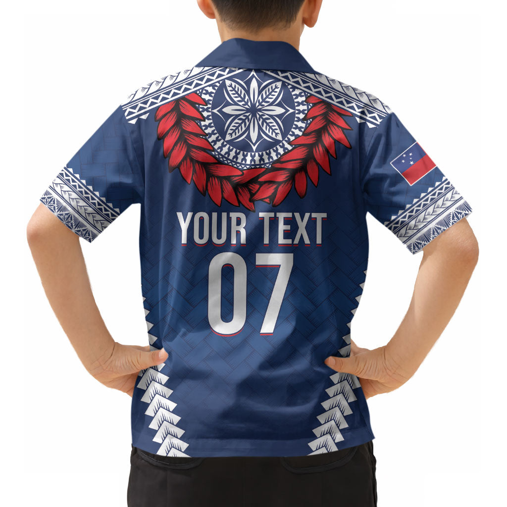 Manu Samoa Rugby Custom Navy Blue Kid Hawaiian Shirt ʻIe Toga Pattern With Red Ula fala LT7 - Polynesian Pride