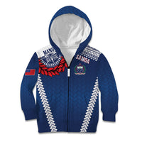 Manu Samoa Rugby Custom Navy Blue Kid Hoodie ʻIe Toga Pattern With Red Ula fala LT7 Zip Hoodie Navy Blue - Polynesian Pride