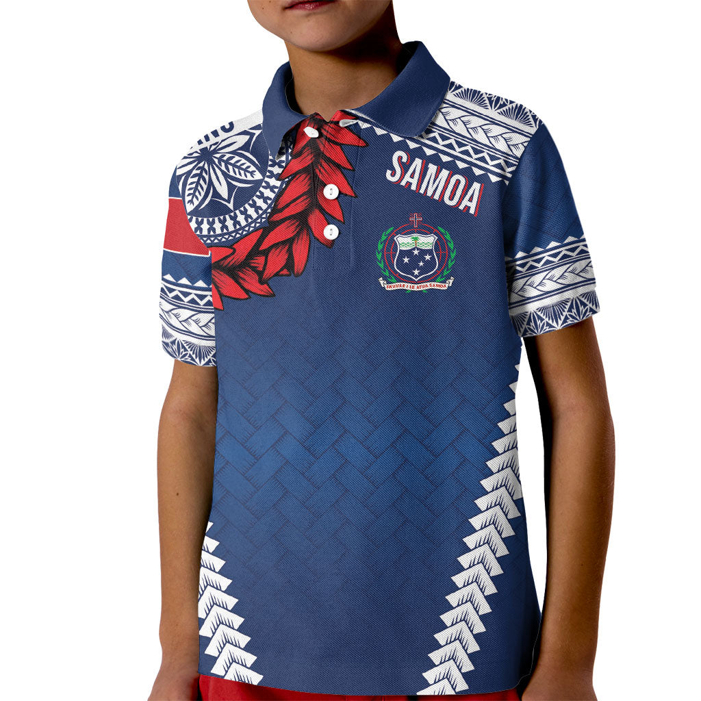 Manu Samoa Rugby Custom Navy Blue Kid Polo Shirt ʻIe Toga Pattern With Red Ula fala LT7 Kid Navy Blue - Polynesian Pride