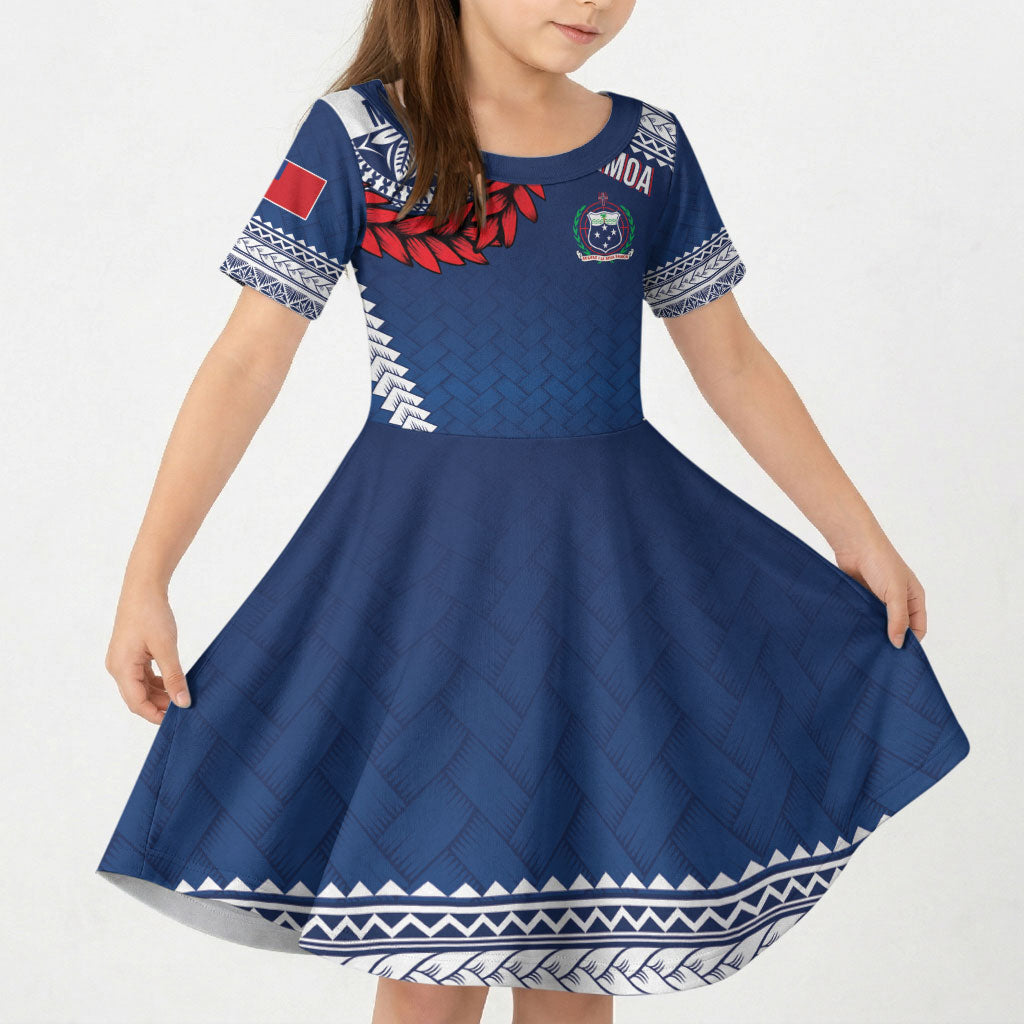 Manu Samoa Rugby Custom Navy Blue Kid Short Sleeve Dress ʻIe Toga Pattern With Red Ula fala LT7 KID Navy Blue - Polynesian Pride