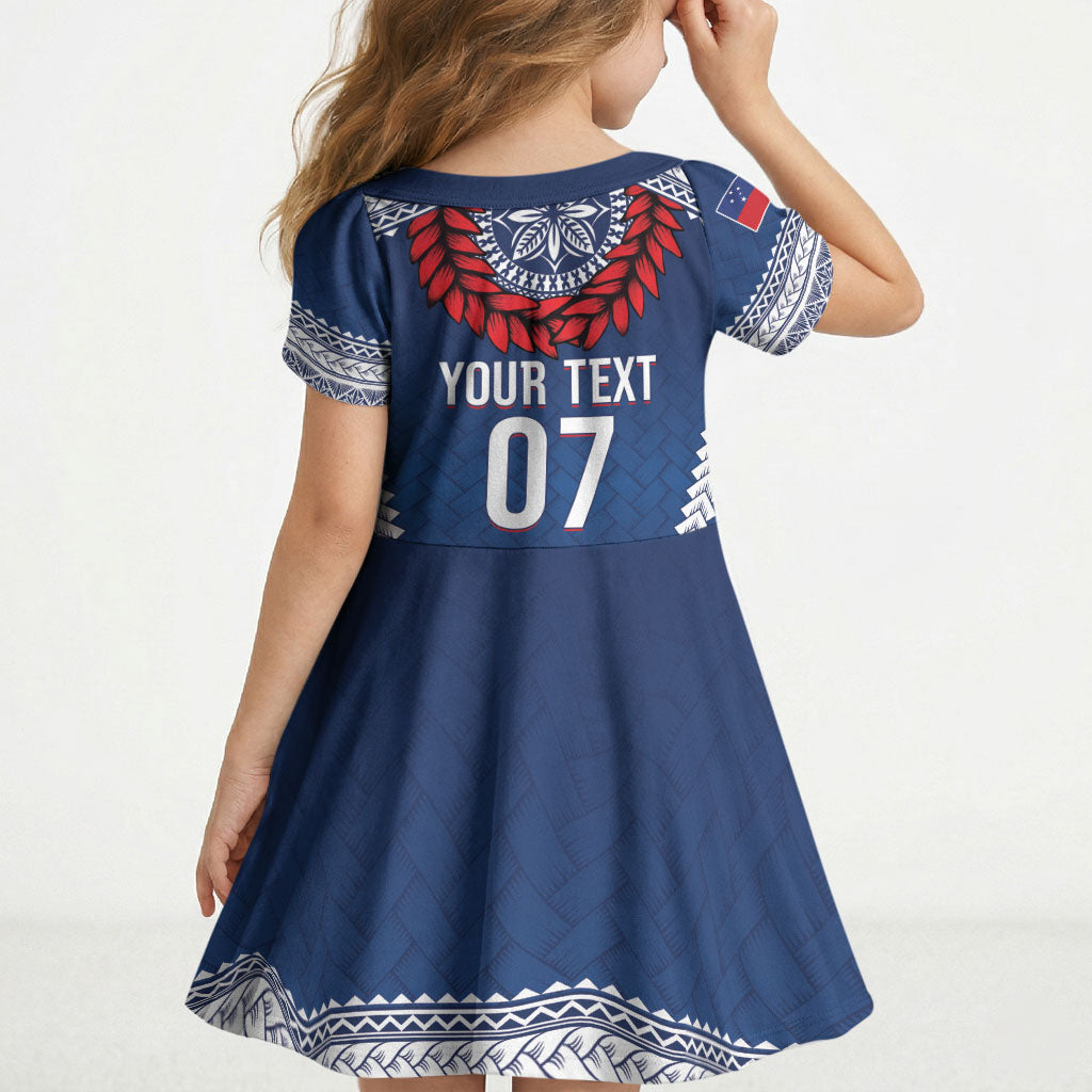 Manu Samoa Rugby Custom Navy Blue Kid Short Sleeve Dress ʻIe Toga Pattern With Red Ula fala LT7 - Polynesian Pride
