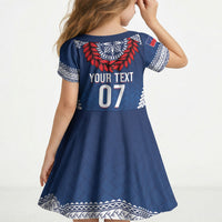 Manu Samoa Rugby Custom Navy Blue Kid Short Sleeve Dress ʻIe Toga Pattern With Red Ula fala LT7 - Polynesian Pride