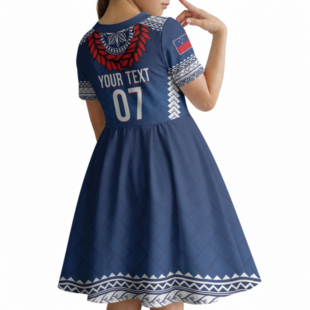 Manu Samoa Rugby Custom Navy Blue Kid Short Sleeve Dress ʻIe Toga Pattern With Red Ula fala LT7 - Polynesian Pride