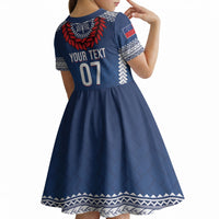 Manu Samoa Rugby Custom Navy Blue Kid Short Sleeve Dress ʻIe Toga Pattern With Red Ula fala LT7 - Polynesian Pride