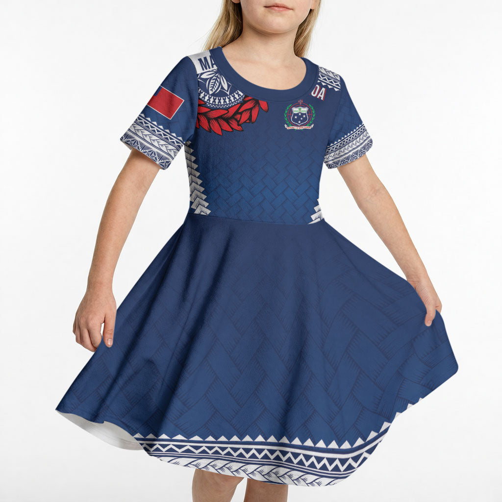 Manu Samoa Rugby Custom Navy Blue Kid Short Sleeve Dress ʻIe Toga Pattern With Red Ula fala LT7 - Polynesian Pride