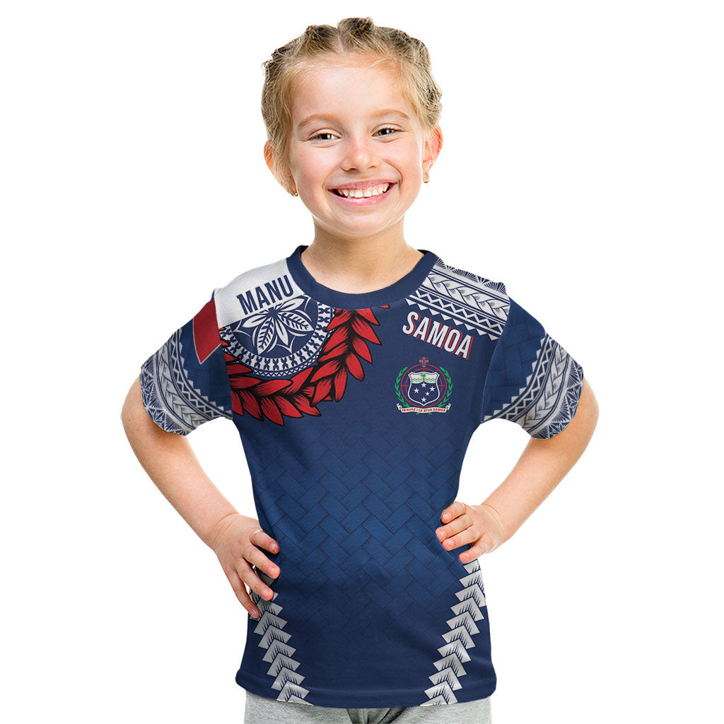 Manu Samoa Rugby Custom Navy Blue Kid T Shirt ʻIe Toga Pattern With Red Ula fala LT7 Navy Blue - Polynesian Pride