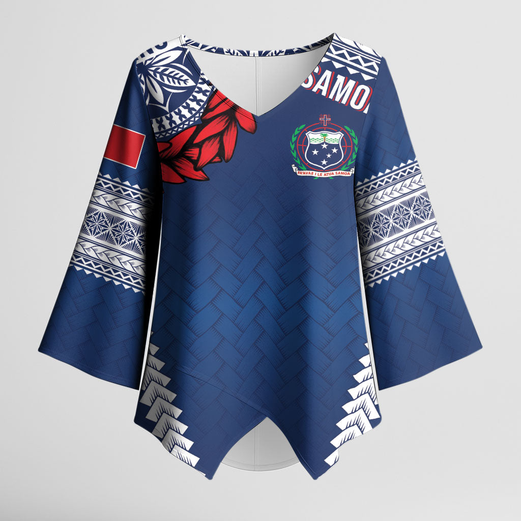 Manu Samoa Rugby Custom Navy Blue Kimono Sleeve Blouse ʻIe Toga Pattern With Red Ula fala LT7 Female Navy Blue - Polynesian Pride