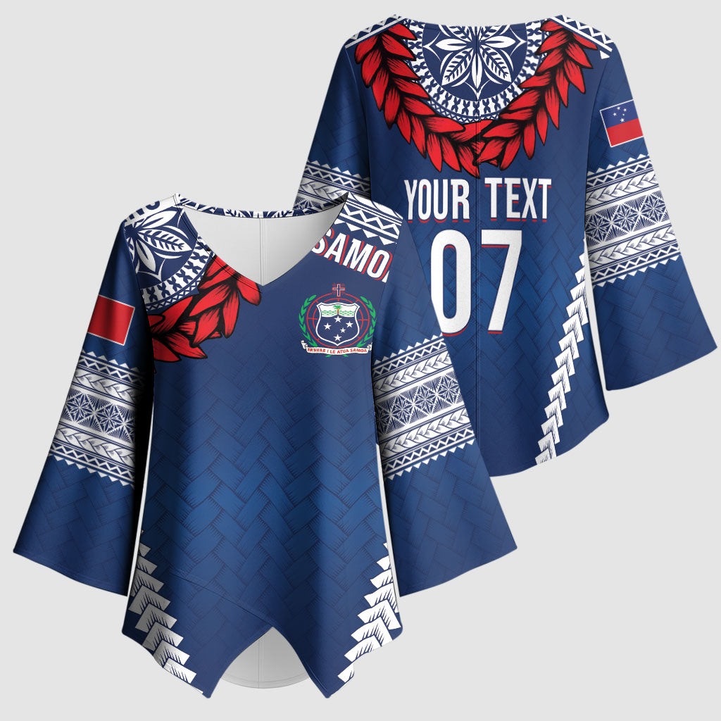 Manu Samoa Rugby Custom Navy Blue Kimono Sleeve Blouse ʻIe Toga Pattern With Red Ula fala LT7 - Polynesian Pride
