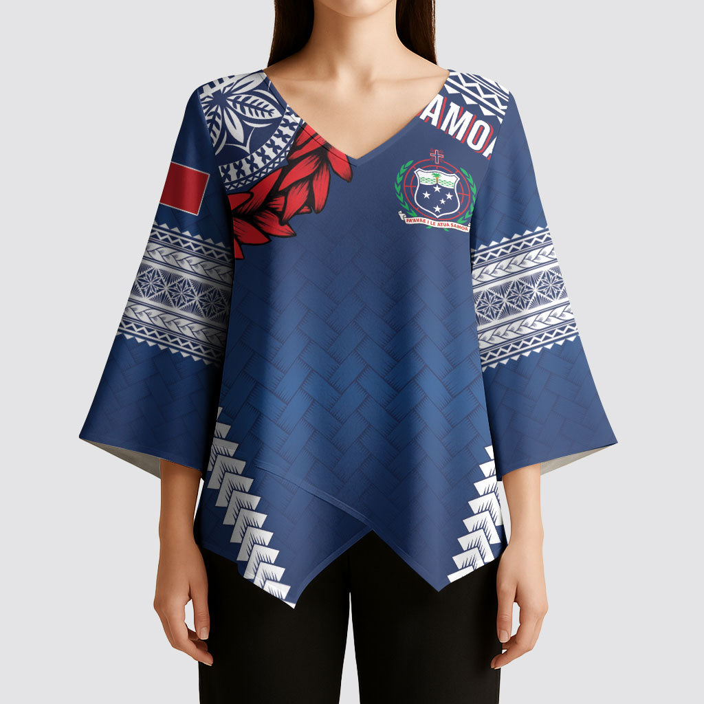Manu Samoa Rugby Custom Navy Blue Kimono Sleeve Blouse ʻIe Toga Pattern With Red Ula fala LT7 - Polynesian Pride