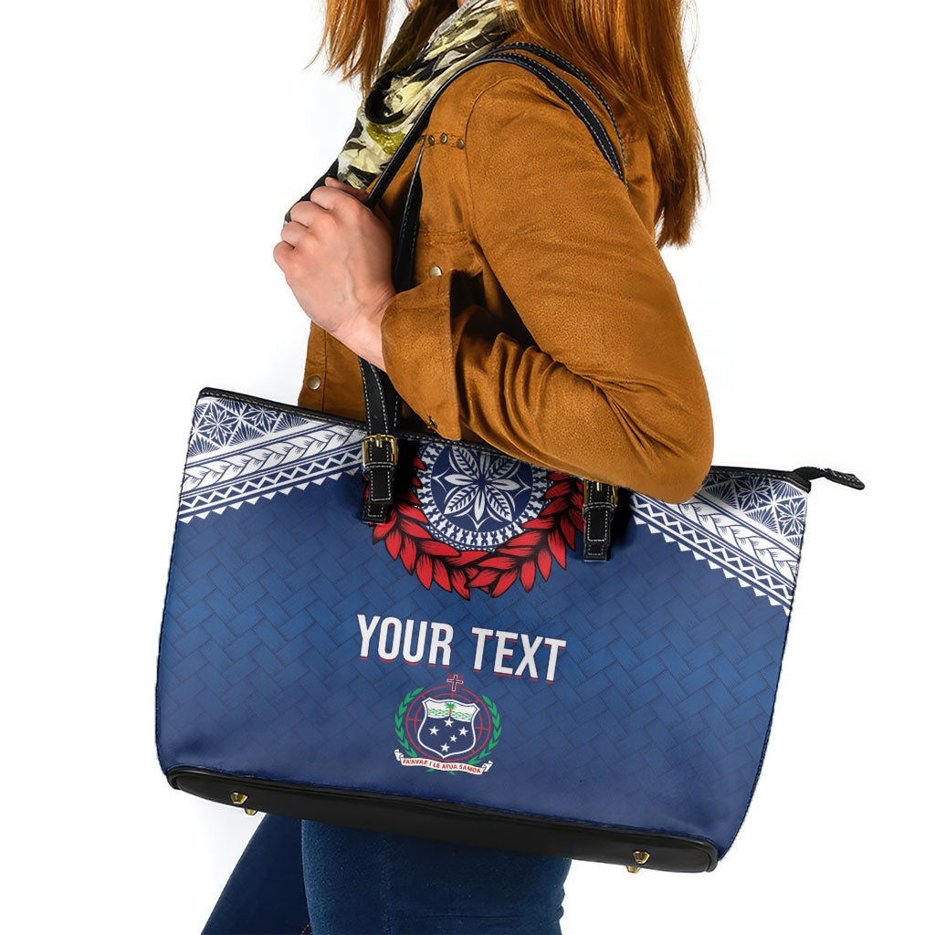 Manu Samoa Rugby Custom Navy Blue Leather Tote Bag ʻIe Toga Pattern With Red Ula fala LT7 Navy Blue - Polynesian Pride