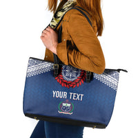 Manu Samoa Rugby Custom Navy Blue Leather Tote Bag ʻIe Toga Pattern With Red Ula fala LT7 Navy Blue - Polynesian Pride