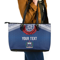 Manu Samoa Rugby Custom Navy Blue Leather Tote Bag ʻIe Toga Pattern With Red Ula fala LT7 - Polynesian Pride
