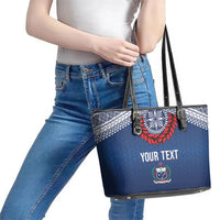Manu Samoa Rugby Custom Navy Blue Leather Tote Bag ʻIe Toga Pattern With Red Ula fala LT7 - Polynesian Pride