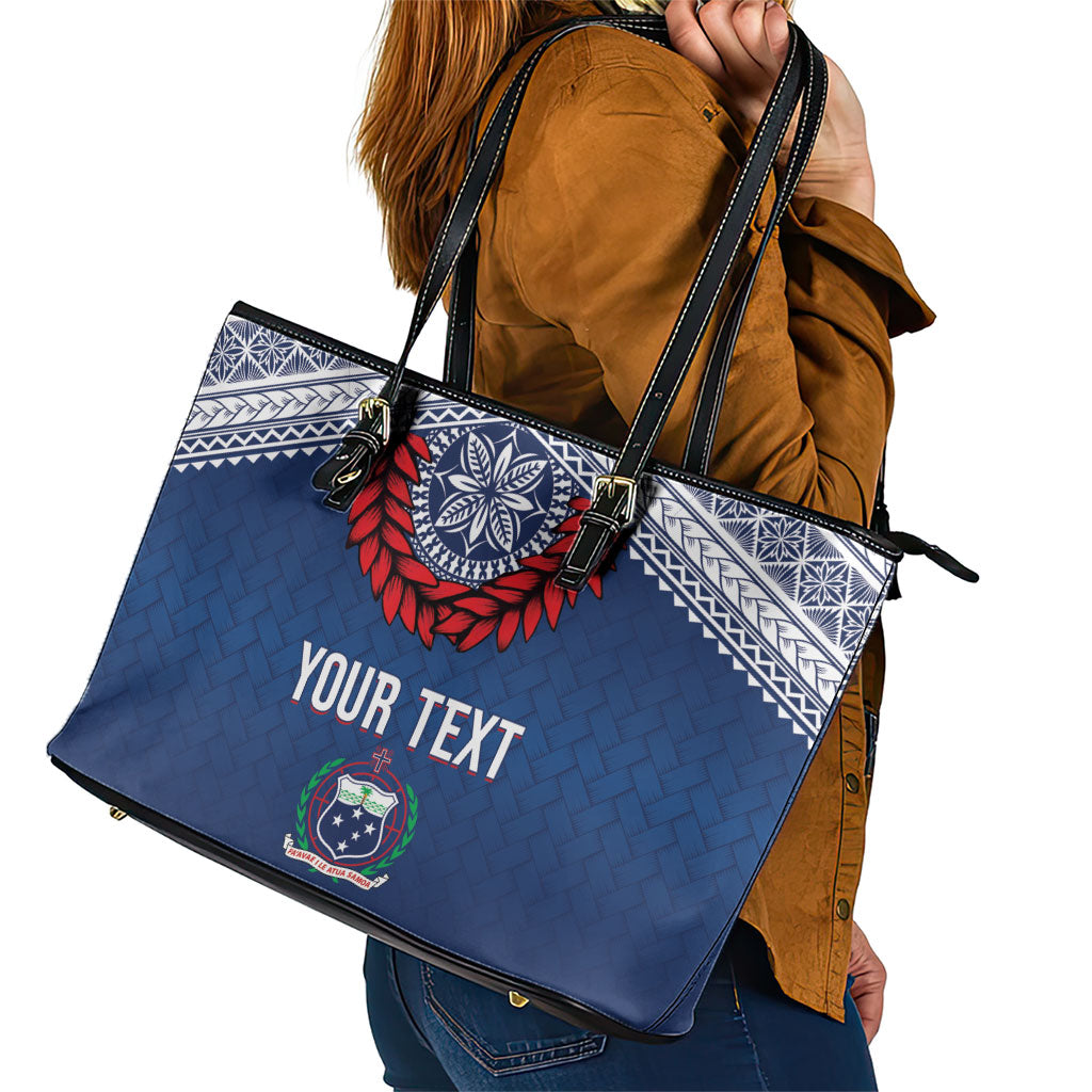 Manu Samoa Rugby Custom Navy Blue Leather Tote Bag ʻIe Toga Pattern With Red Ula fala LT7 - Polynesian Pride