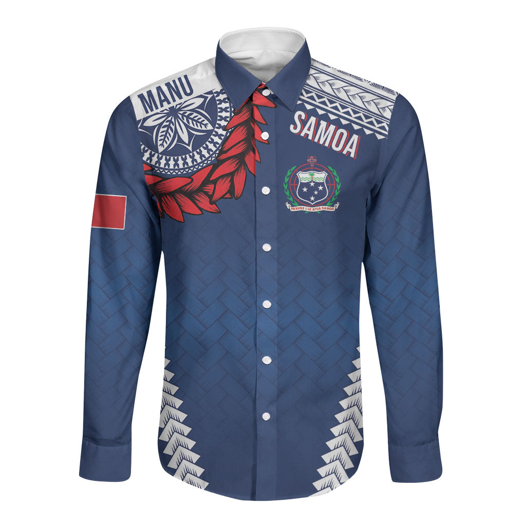 Manu Samoa Rugby Custom Navy Blue Long Sleeve Button Shirt ʻIe Toga Pattern With Red Ula fala LT7 Unisex Navy Blue - Polynesian Pride