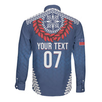 Manu Samoa Rugby Custom Navy Blue Long Sleeve Button Shirt ʻIe Toga Pattern With Red Ula fala LT7 - Polynesian Pride