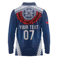 Manu Samoa Rugby Custom Navy Blue Long Sleeve Polo Shirt ʻIe Toga Pattern With Red Ula fala LT7 - Polynesian Pride